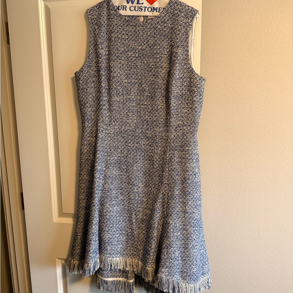 MM Lafleur Blue-White Tweed Fringe Shift Dress